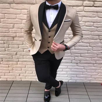 

Men's Suit 3 Pieces Casual Shawl Lapel Brown White Costume Homme for Wedding Tuxedos Groomsmen (Blazer+Vest+Pant)