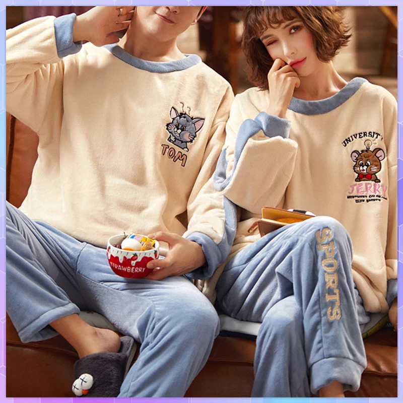 Pajamas For Couples Set Thick Warm Coral Fleece Homewear Winter Cartoon  Men's Clothing Loose Pajamas Women Home Clothes Suit