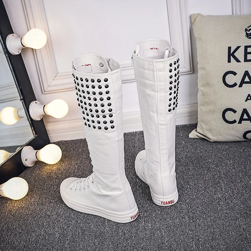 New Spring Autumn Women Shoes Canvas Punk Casual High Top Shoes Long Boots Lace-Up Zipper Comfortable Flat Boots Sneakers