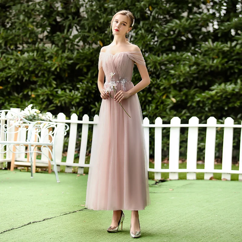 Бордовые Платья для подружки невесты, розовое Тюлевое длинное платье для свадебной вечеринки для женщин, вырез лодочкой, сексуальное платье для выпускного вечера, vestido de festa Longo - Цвет: C long pink