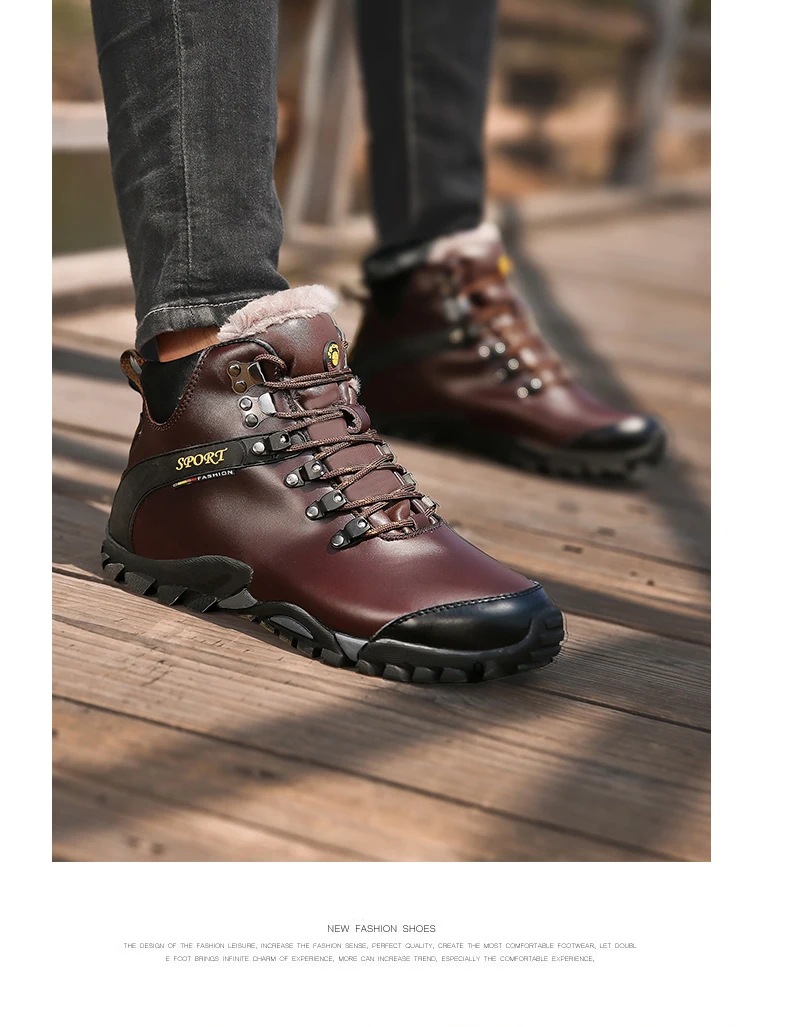 HUCDML New Winter Warm Boots Comfortable Rubber Genuine Leather Round Toe Casual Snow Cotton Lace-up Designer Mens Sneakers