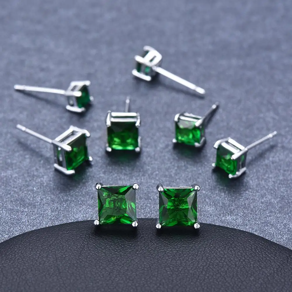 Simple Green Stone Square Stud Earrings For Women Men Princess Crystal Wedding Ear Studs Vintage Bone Earring Mom Jewelry