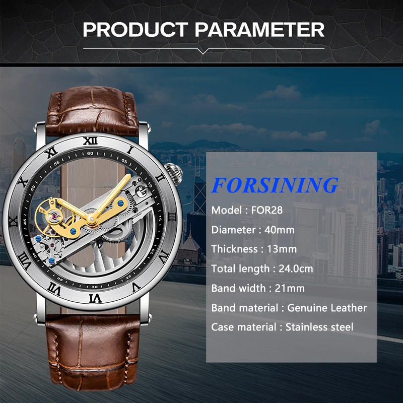 FORSINING Роскошные автоматические механические мужские часы с скелетом, мужские деловые наручные часы из натуральной кожи