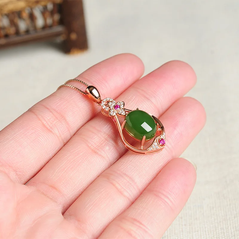 Bague Ringen Sterling Silver 925 Necklaces For Women with oval shape green Jade Pendant Fashion Weddings woman party Gift