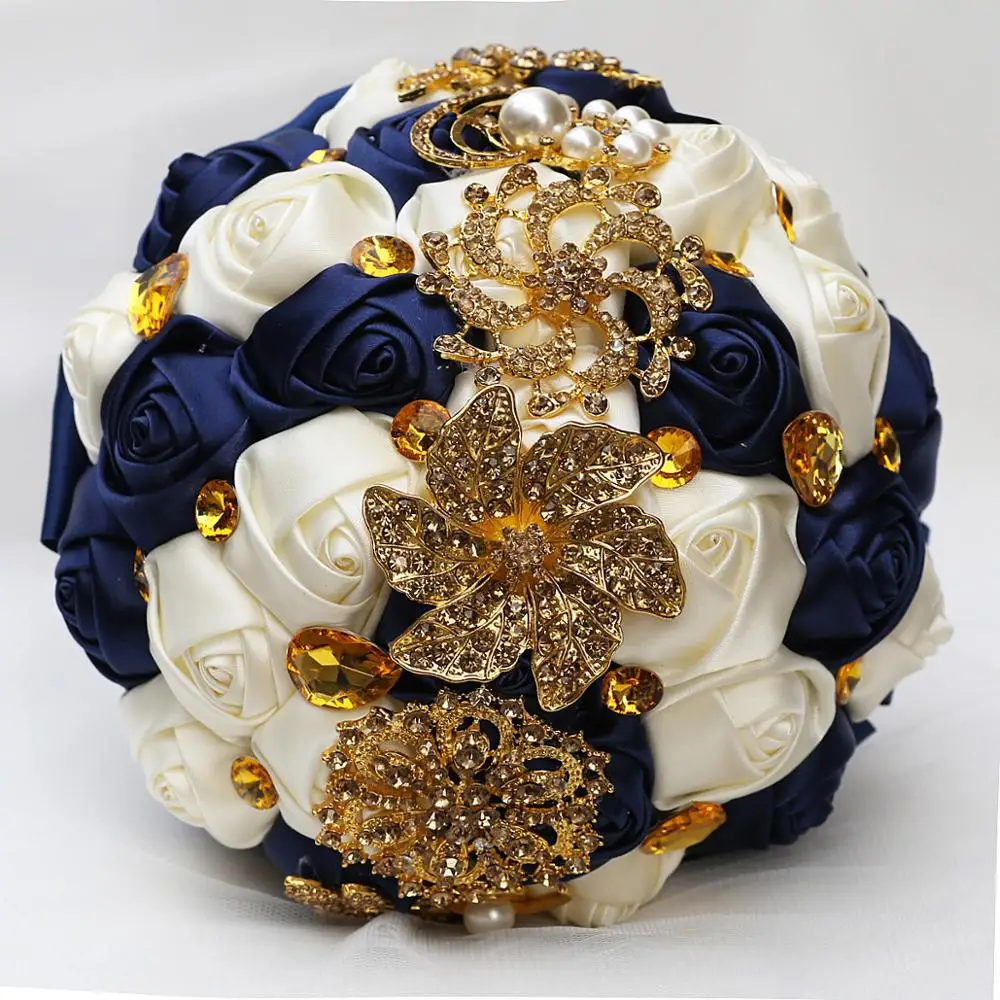 

Luxury Bride Holding Flowers Navy Ivory Wedding Gifts Golden Crystal Korean Romantic Silk Bride Wedding Bouquet Flowers W227G
