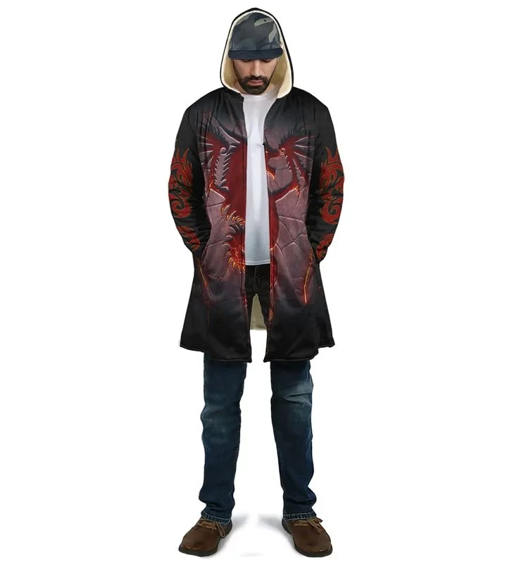 2024 Winter Herren Mantel Lava Drache und Schädel Tattoo 3D Volldruck Fleece Kapuzenmantel Unisex Casual Dicke Warme Cape-Mantel PF44 – Detail 6