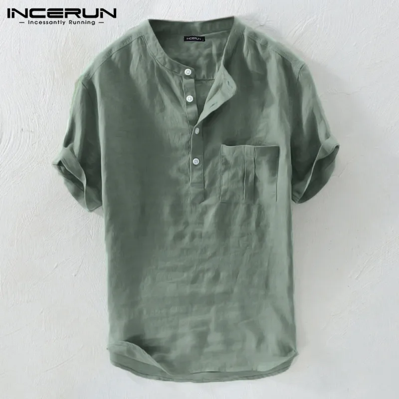Summer casual men shirts stand collar solid cotton short sleeve streetwear