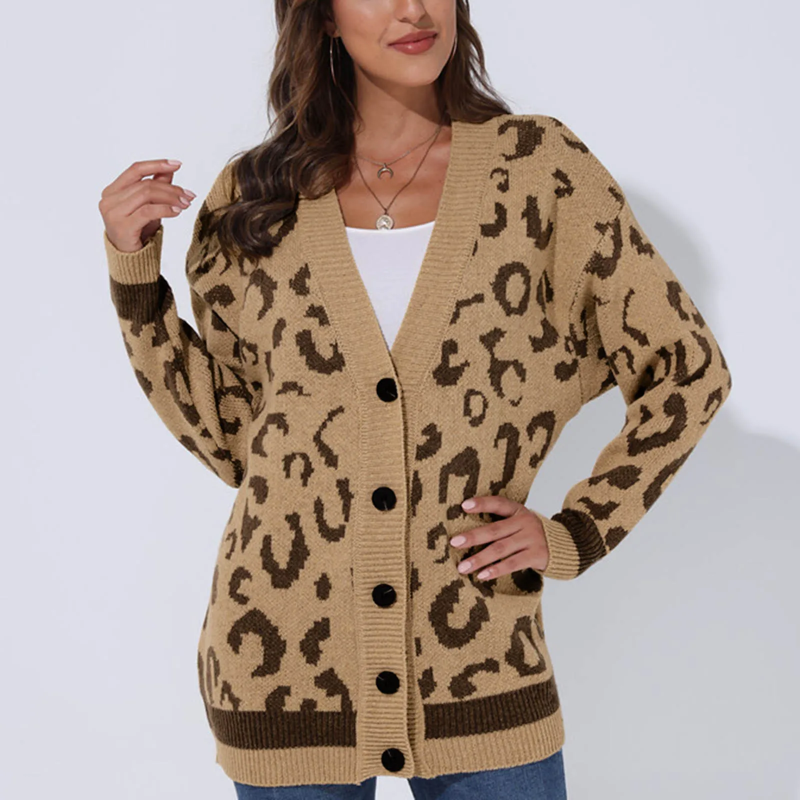 Autumn Winter V-neck Knitted Cardigans Women Single Breasted Leopard Loose Sweaters Female Casual Cardigans Knitwear Robe Pull