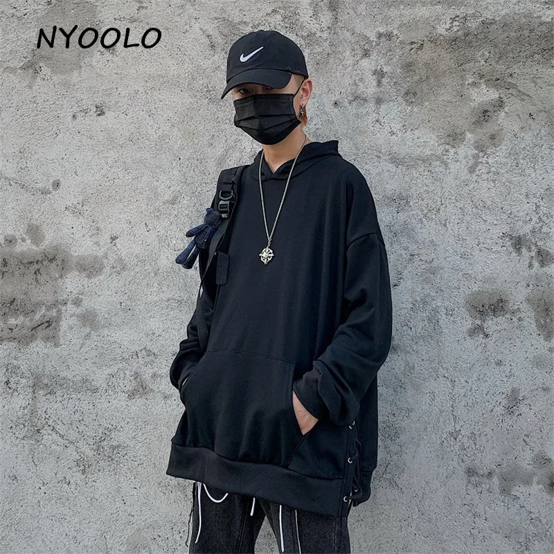 NYOOLO High street винтажные однотонные толстовки со шнуровкой осенние свободные пуловеры с длинными рукавами Толстовка с капюшоном для женщин Мужская одежда топы