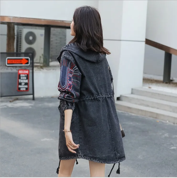 

2019 Autumn And Winter New Style Large Size Dress Korean-style Fashion Fat Mm Embroidered Hooded Mid-length Versatile Jeans Coat