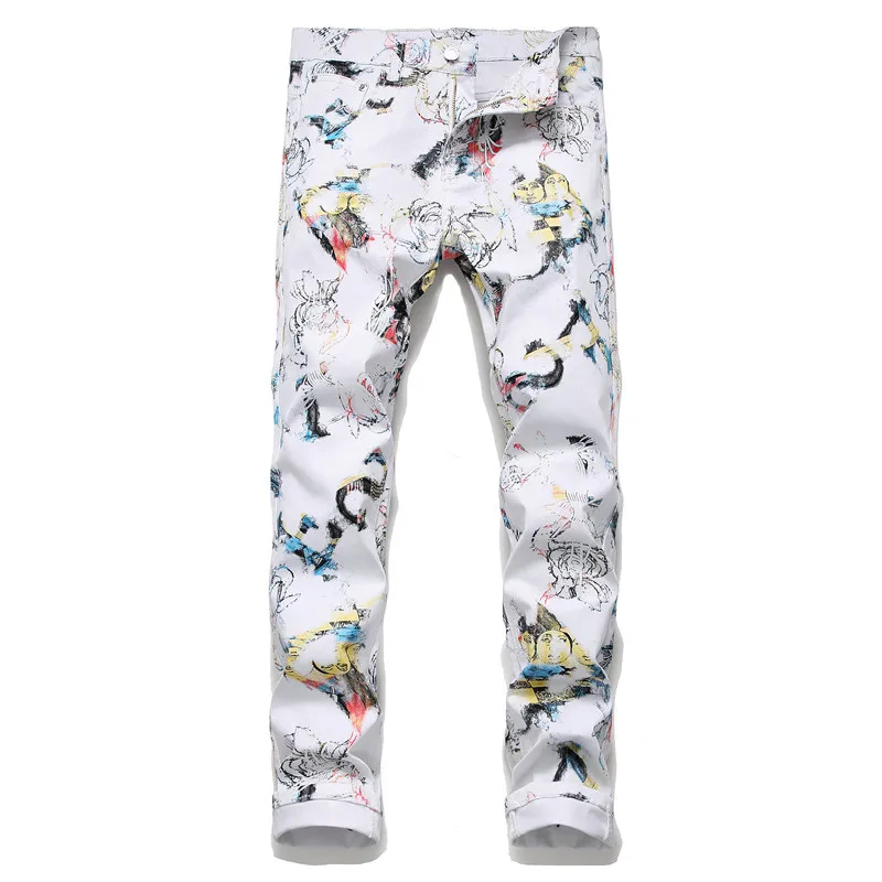 

Men's White Jeans Fall Fashion Printed Pants Slim Pants Trendy Bar Pencil Pants Animal Stretch Pants