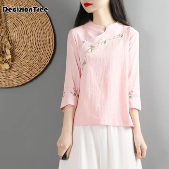 

2020 chinese traditional costume cheongsam top linen shirt women elegant cotton and linen mandarin collar blouses