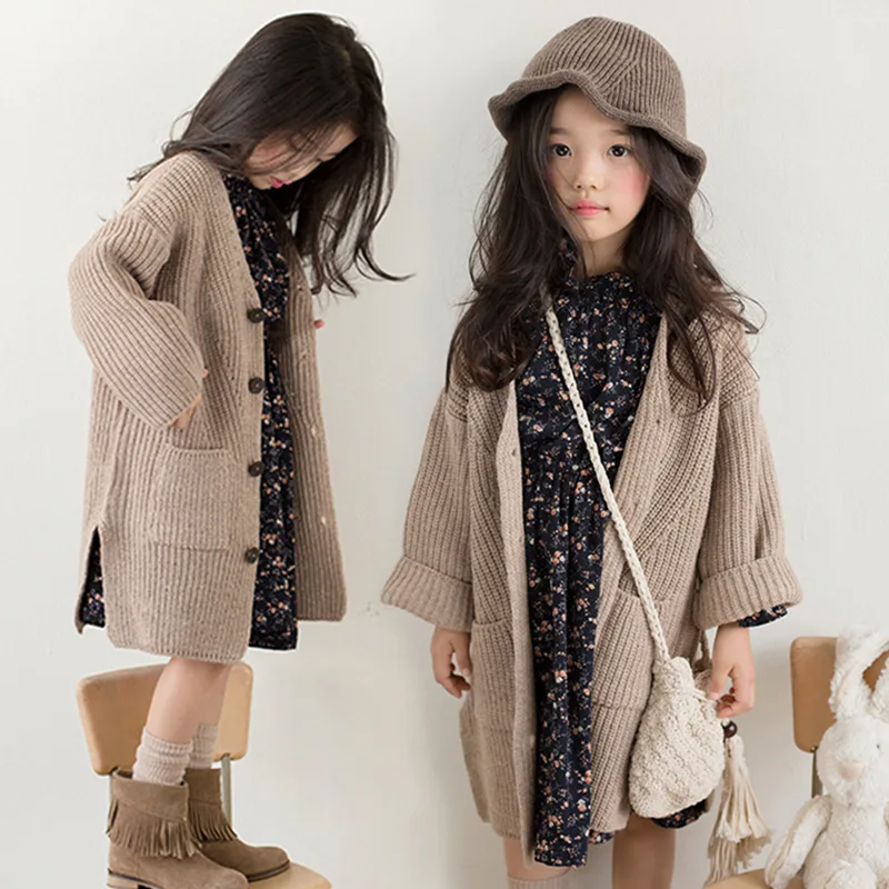 

Korean Version Autumn Sweater for Girls with Thicker Knitted V-collar Children Cardigan Jacket Single-row Button-down Outerwear