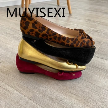 

Flat heel shoes women beauty butterfly-knot decoration genuine leather round toe slip on comfortable soft concise DMJ05 MUYISEXI