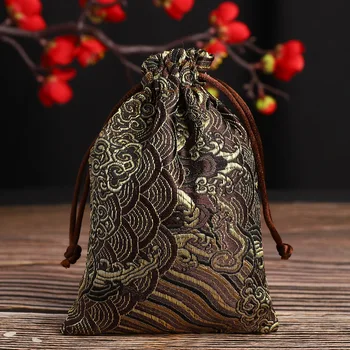 

50pcs 10x14cm Jewelry Brocade Bag Handmade Embroidery Drawstring Jewelry Packaging Pouches Gift Brown Trinket Storage Pouch