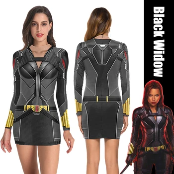 

New Women Superhero Black Widow Cosplay Dress 3D Printing Long Sleeve Black Dress Clothes S-2XL