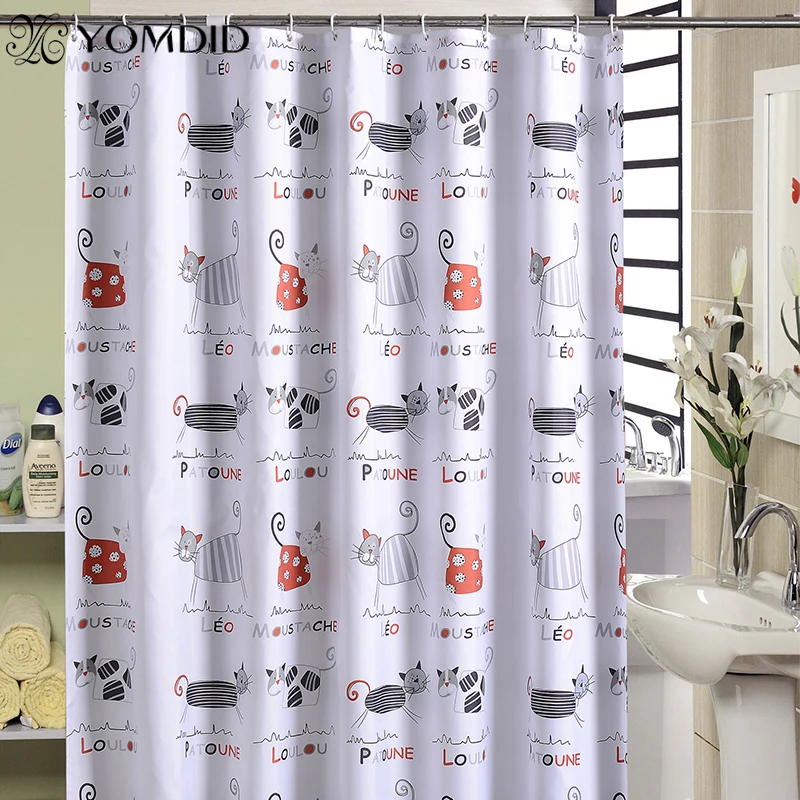 YOMDID Cartoon Bath Curtain Cute Cat Pattern Shower Curtains Bathroom Waterproof Thickened Polyester Cloth 12 Pcs Hooks shower curtains