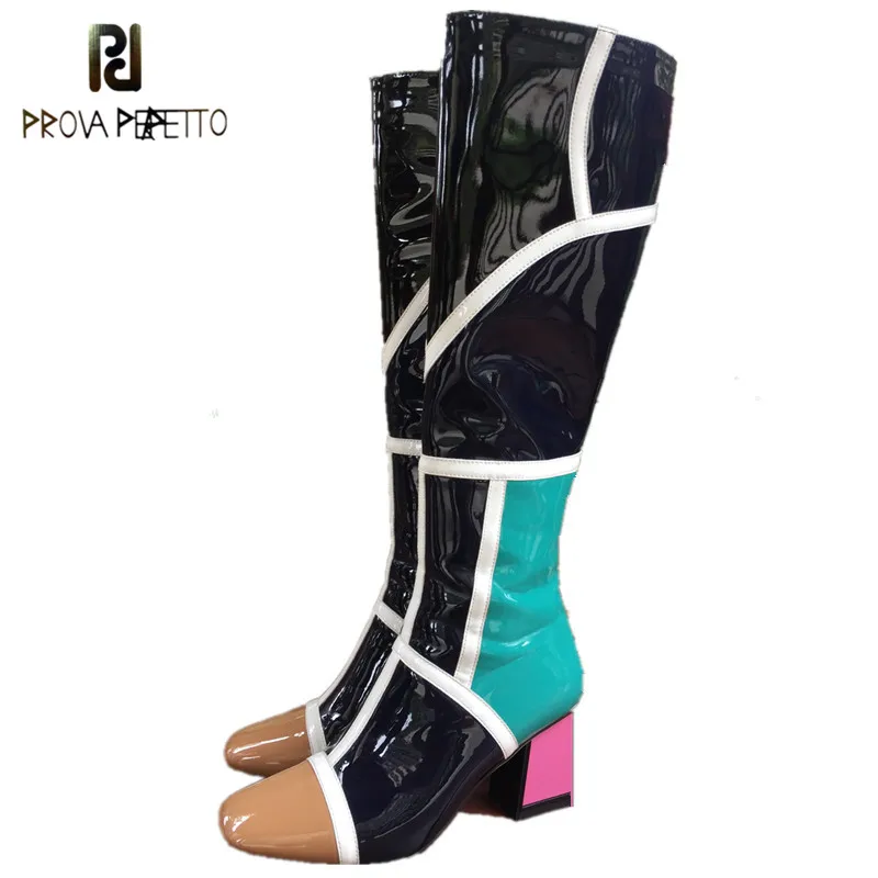 

Prova Perfetto Woman Knee High Boots Mixed Color Patent Leather Boots For Women Square Toe Runway Boots Women High Heel Boots