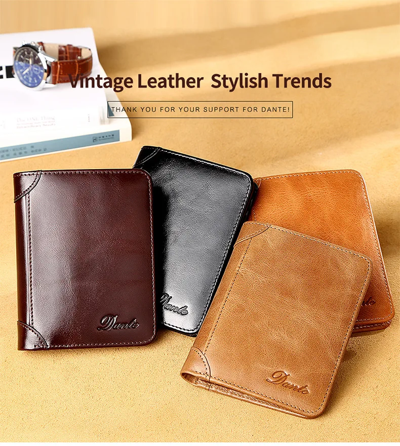 Dante Men's Leather Wallet RFID Anti-theft Brush Head Layer Cowhide Retro Casual Vertical Multi-Function Money Bag Money Clips 6