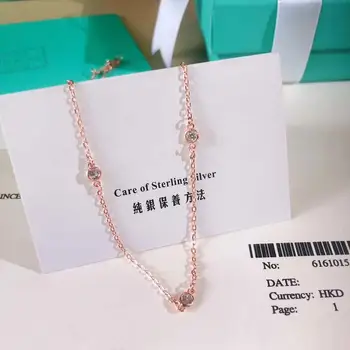 

XL TFB Original 925 Sterling Silver Classic Rose Gold Gem Necklace with Logo Women's Jewelry Gift Free Shipping.