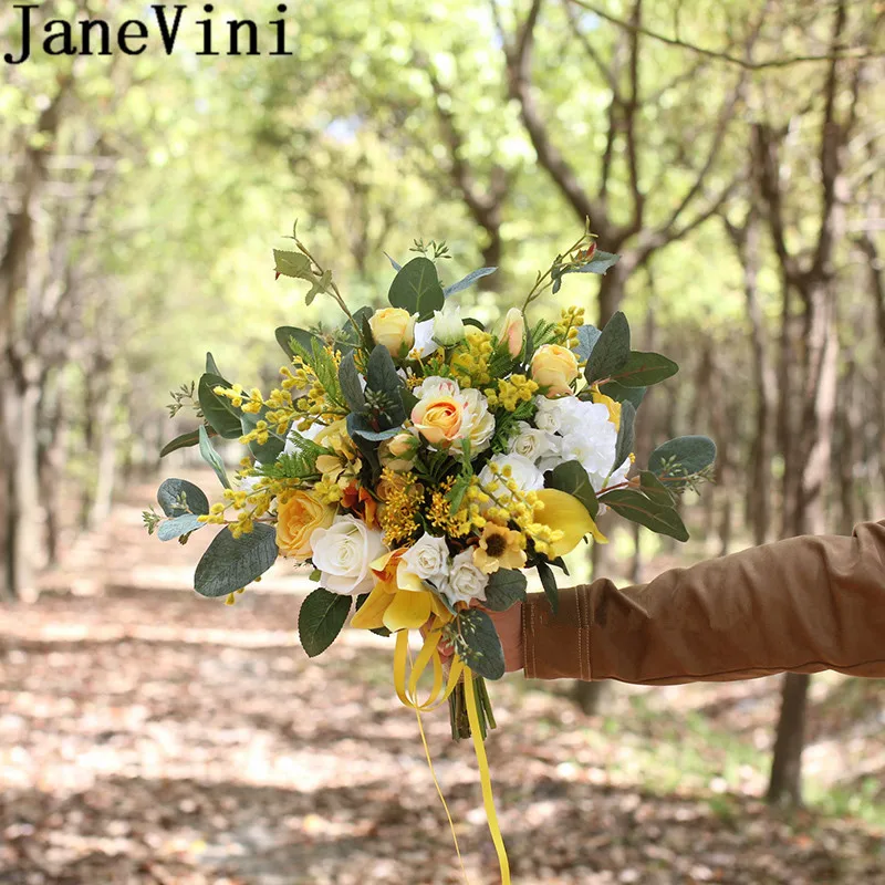 JaneVini Винтаж желтый Свадебный букет держатель цветы Свадебные букеты Искусственные шелковые розы для подружки невесты Свадебные аксессуары