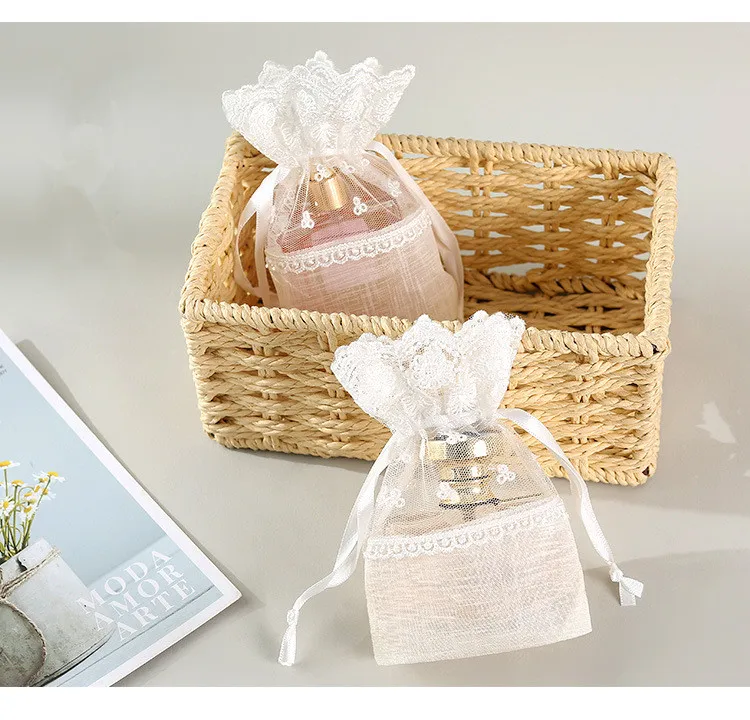 

Organza Gift Bags, 10X14cm Lace Drawstring Jewelry Pouches, White Wedding Party Favor Candy Bags 50pcs / lot