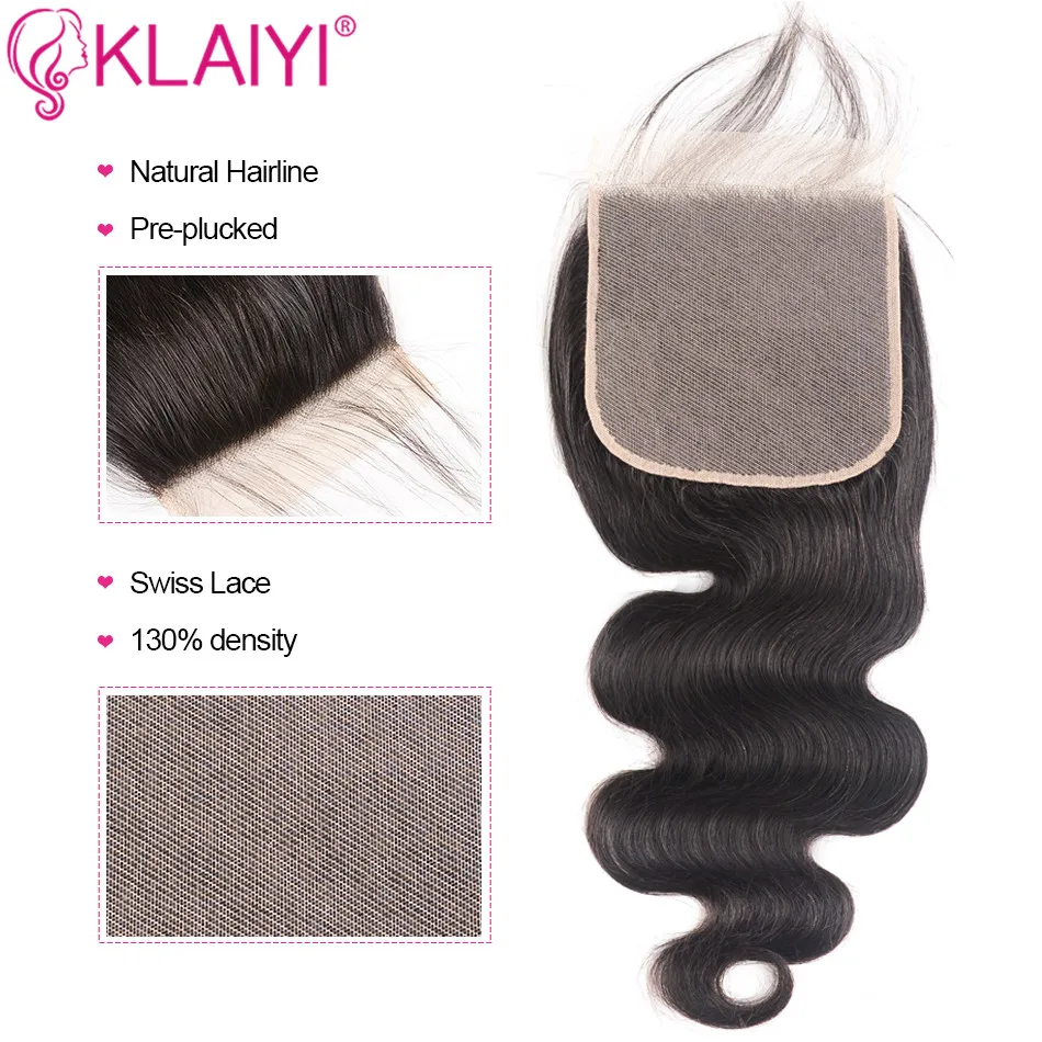 KLAIYI Brazilian 6*6 Closure Remy Hair Free Part Natural Black Color Human Hair Body Wave Lace Closure with Boby Hair