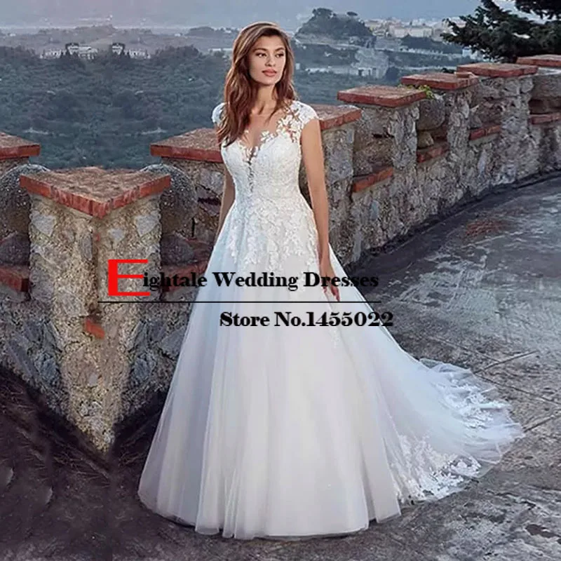 Eightale/свадебное платье с аппликацией, кружевное, с круглым вырезом, а-силуэт, на заказ, свадебные платья в богемном стиле, фатиновые Платья с коротким шлейфом для невесты - Цвет: Белый