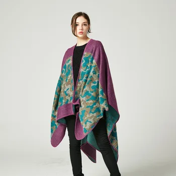 

Ponchos and Scarf Women Print Travel Shawl Imitation Cashmere Capes LadiesNational Wind Fork Thicker Cloaks Wraps Autumn Winter