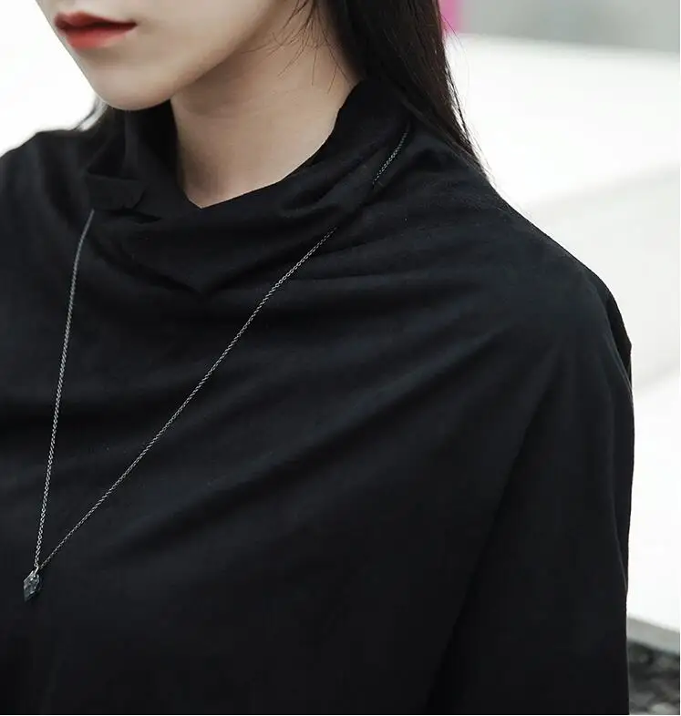 Новинка Primavera Verano negro нерегулярные cuello alto guantes largos mangas ajustado camisa mujer moda marea salvaje