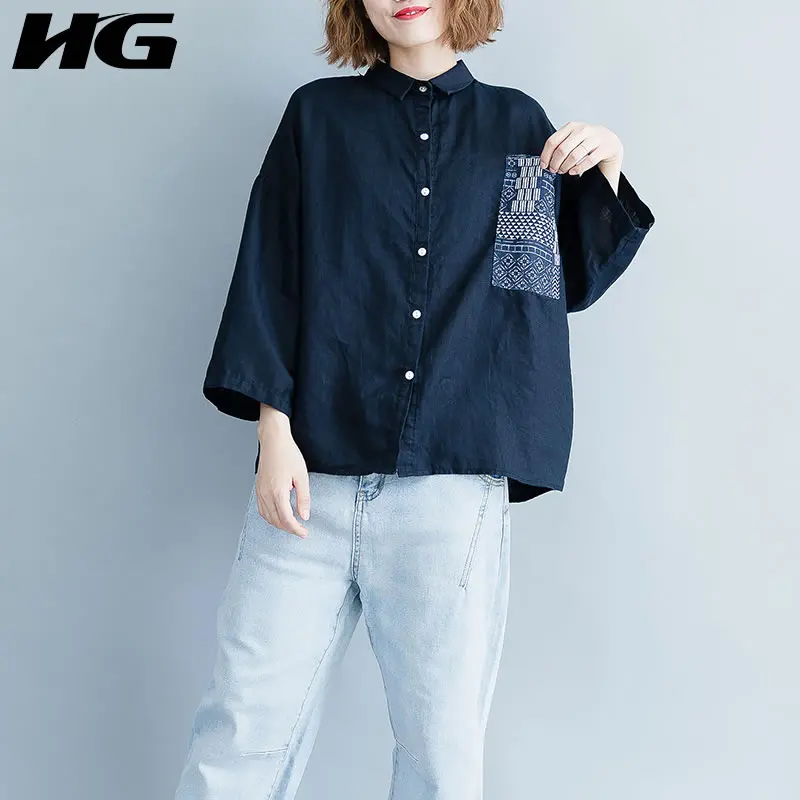 

HG Autumn New Nine Points Sleeve Blouse Women Plus Size Shirt Literary Retro Womens Tops and Blouses Cotton Linen Shirts ZYQ1334