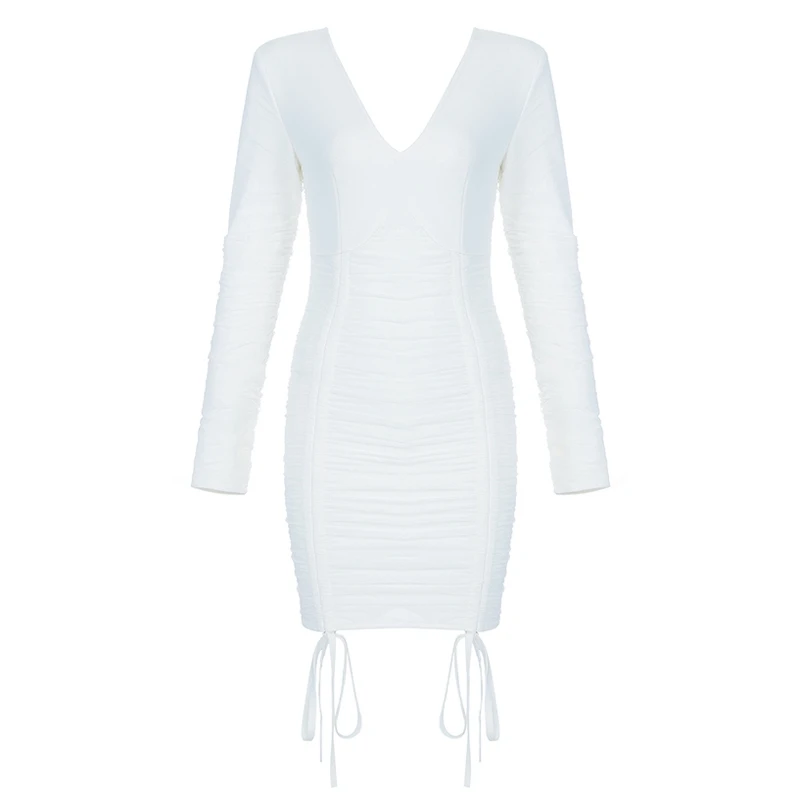 INDRESSME, новинка, модные женские вечерние платья, Клубные, драпированные, сексуальные, v-образный вырез, длинный рукав, на шнуровке, с рюшами, Бандажное, Мини, облегающее платье