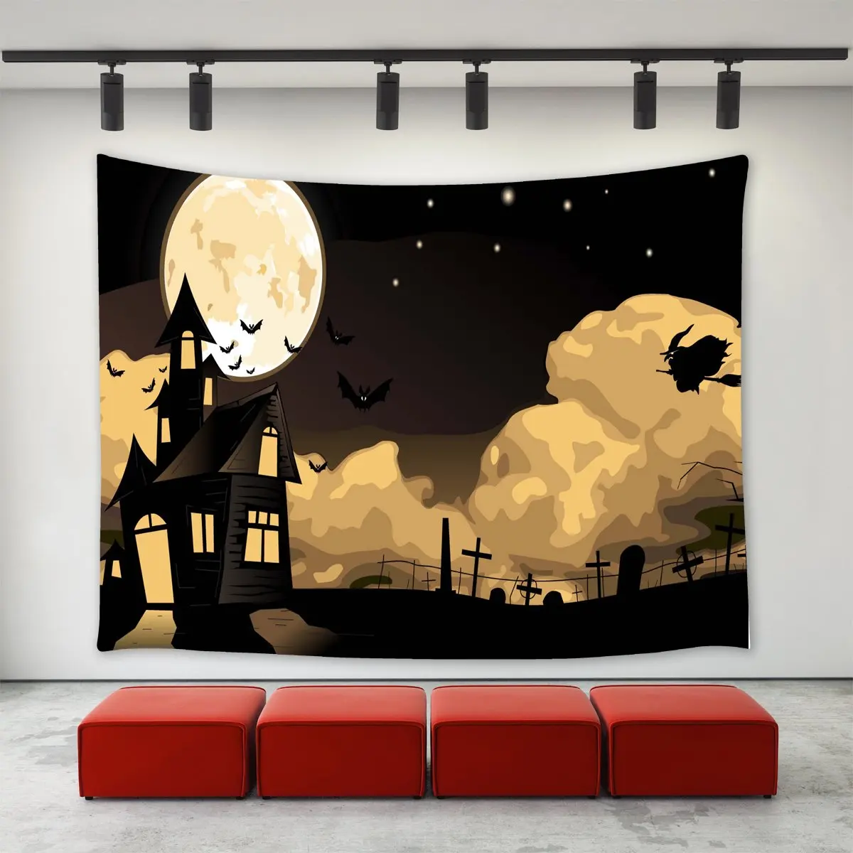 

Happy Halloween Eve Theme Witch Flying the Moon Night Castle Bats Tomb Print Tapestry Wall Art