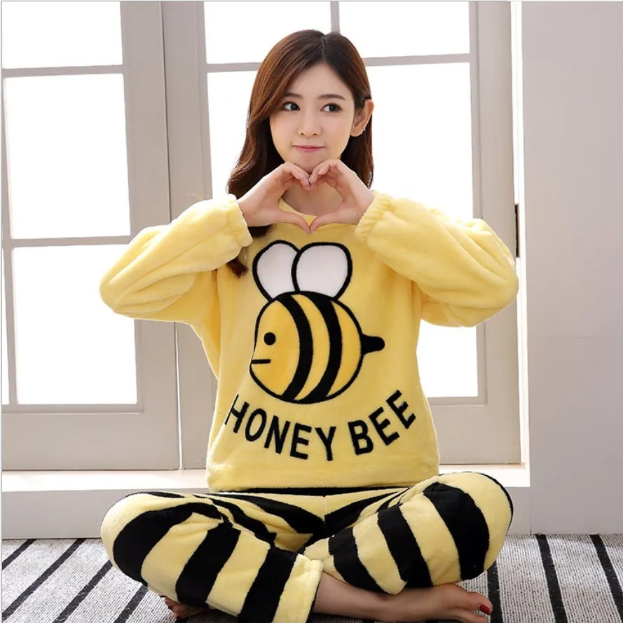 Yellow bee Флисовая плотная Пижама с рисунком Чеширского Кота длинные штаны на весну-зиму пижамный комплект из 2 предметов пижамы с эластичной резинкой на талии S99102 - Цвет: Yellow bee
