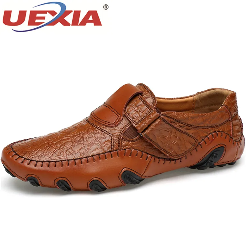 

UEXIA Handmade Hook & Loop Leather Mens Shoes Casual Luxury Brand Men Loafers Fashion Breathable Driving Shoes Slip On Moccasins