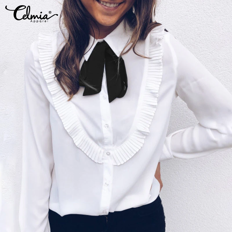 

Vintage Women's Bow Tie Ruffles Blouse Celmia 2020 Fashion Spring Long Sleeve Buttons Work Ladies Shirts Plus Size Tops Blusas 7