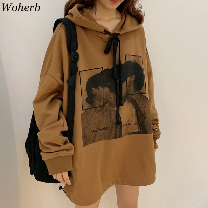 Woherb легкие Свободные Кофты для женщин Harajuku Толстовка Уличная Для девочек графический принт негабаритный топ с капюшоном корейский Modis Moletom