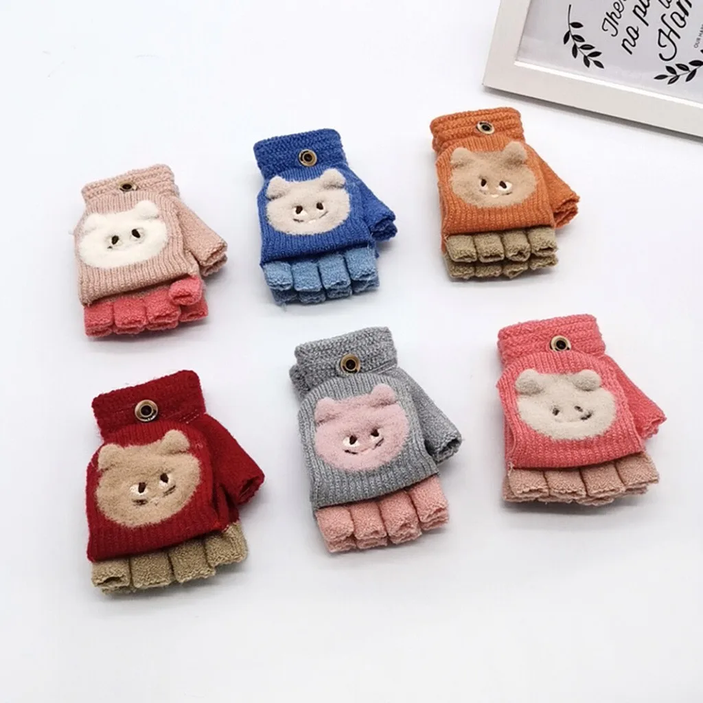 

Toddler Baby Winter Warm Knitted Convertible Flip Top Fingerless Mittens Gloves Cartoon bear knitted wool mittens Kids glove