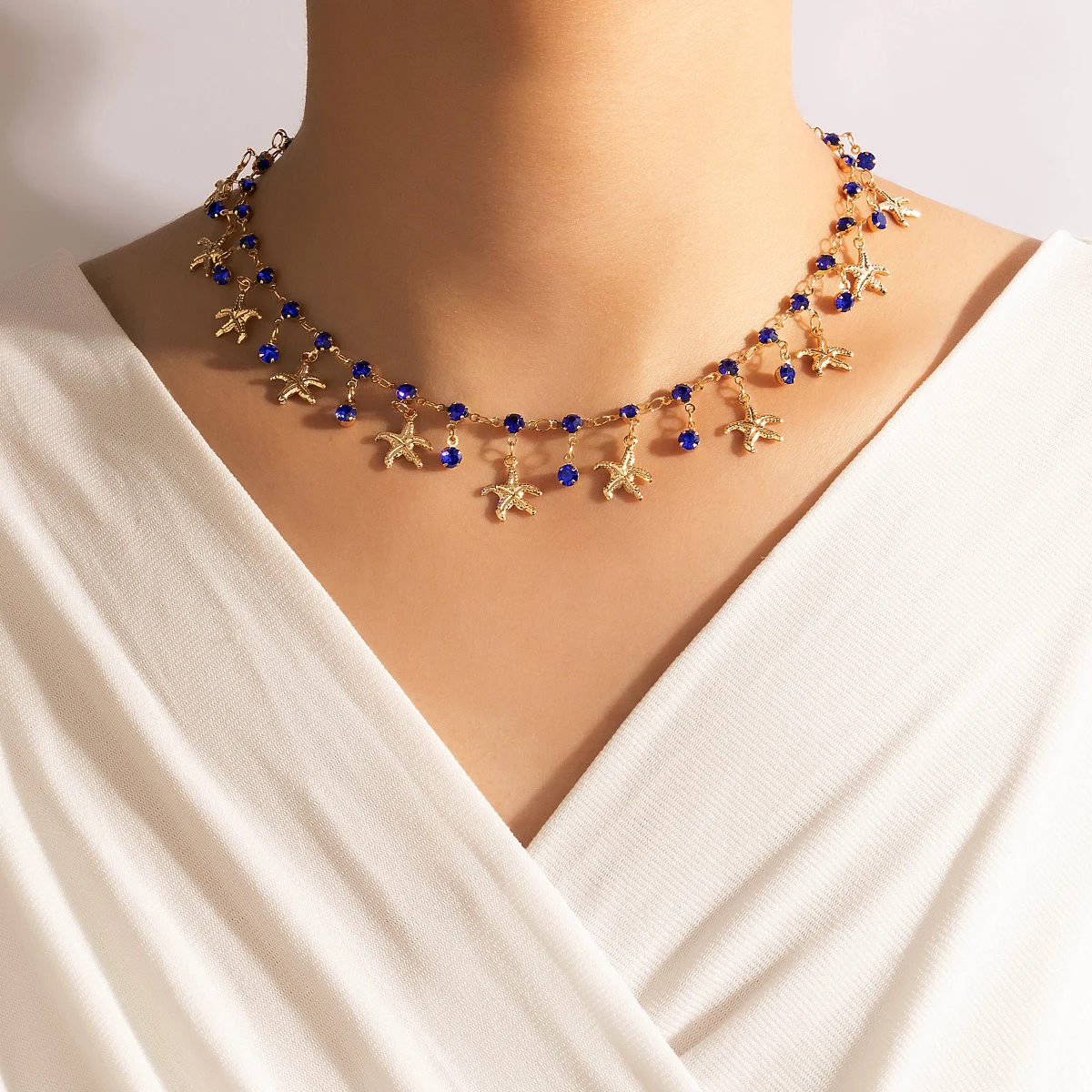 docona Vintage Blue Crystal Stars Tassel Necklaces for Women Bohemian Collar Alloy Necklace Jewelry Party Gift Accessories 10220 | Украшения