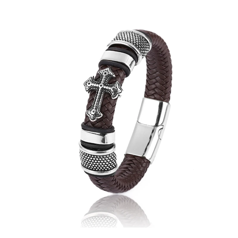 Punk MingAo Charm Stainless Steel Cross Leather Bracelet Man Charm 12*6 Black Woven Name Bracelet Magnet Clasp Brown Gift Bracelet Jewelry