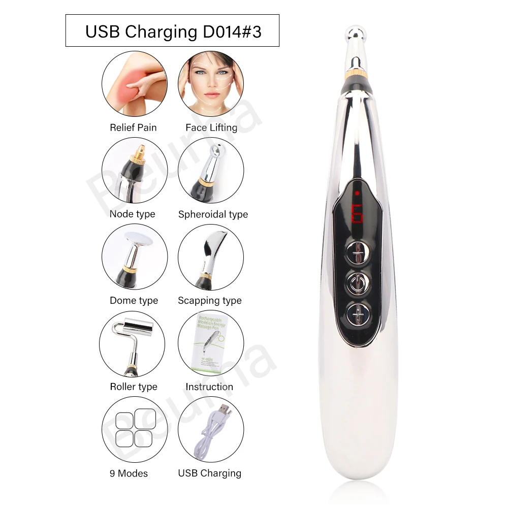 Перезаряжаемая 5 головок электронная Акупунктура Массажная ручка USB Меридиан энергетическая ручка с магнитом терапия Обезболивание уход за лицом - Цвет: D014-3