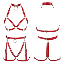 Жгут Кожаный Набор Красный подвязки ремень панк готика размера плюс женский бюстгальтер клетка Топ грудь заклепки Сексуальная Талия Ноги подтяжки танец ночных клубов