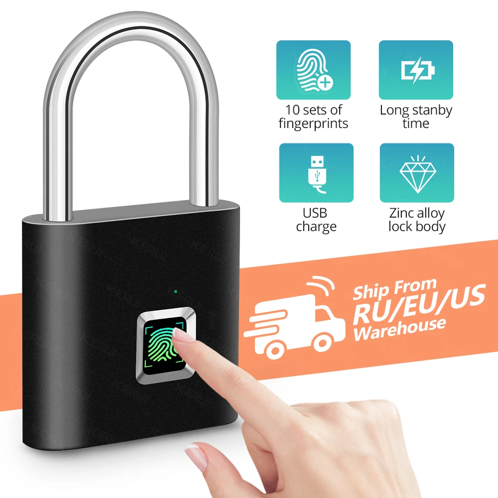 KERUI Waterproof USB Charging Fingerprint Lock Smart Padlock door lock 0.1sec Unlock Portable Anti-theft Fingerprint Lock Zinc