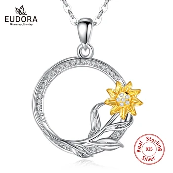 

EUDORA 925 Sterling Silver Circle Pendant Crystalsun flower Necklace for Women Fine CZ Jewelry for girl party Birthday Gift D583