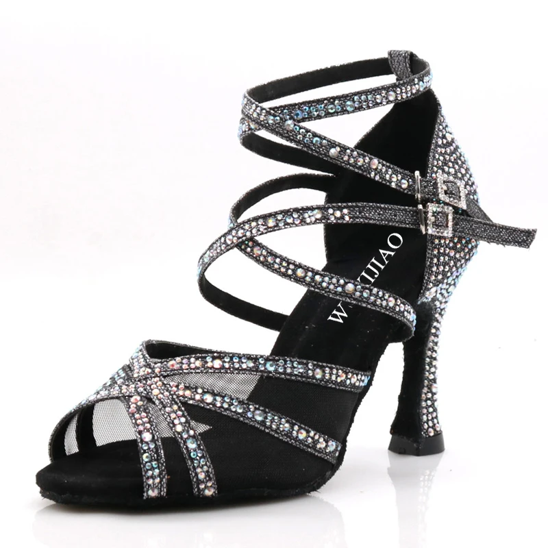 Dance shoes Dance Shoes Latin Woman Salsa Silk Satin Dancing Shoes Glitter Rhinestone Professional Dance Ballroom Soft Bottom