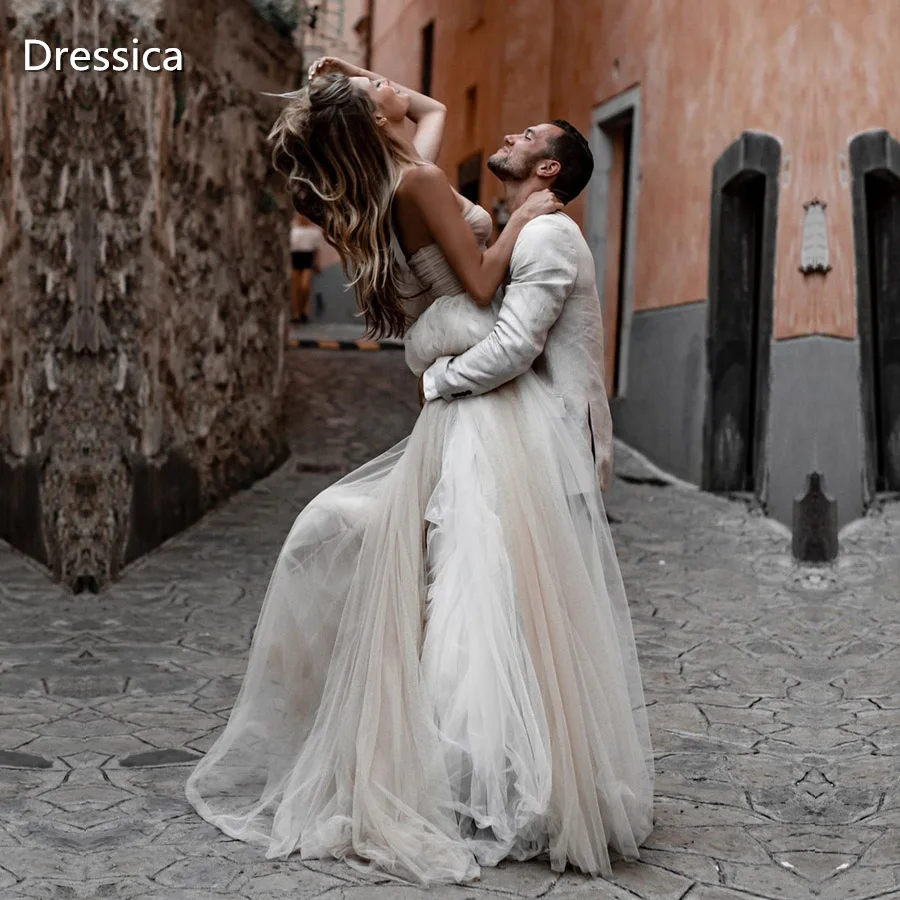 

Sweetheart Pleated Tulle Wedding Dress Boho Bridal Gown Custom Make
