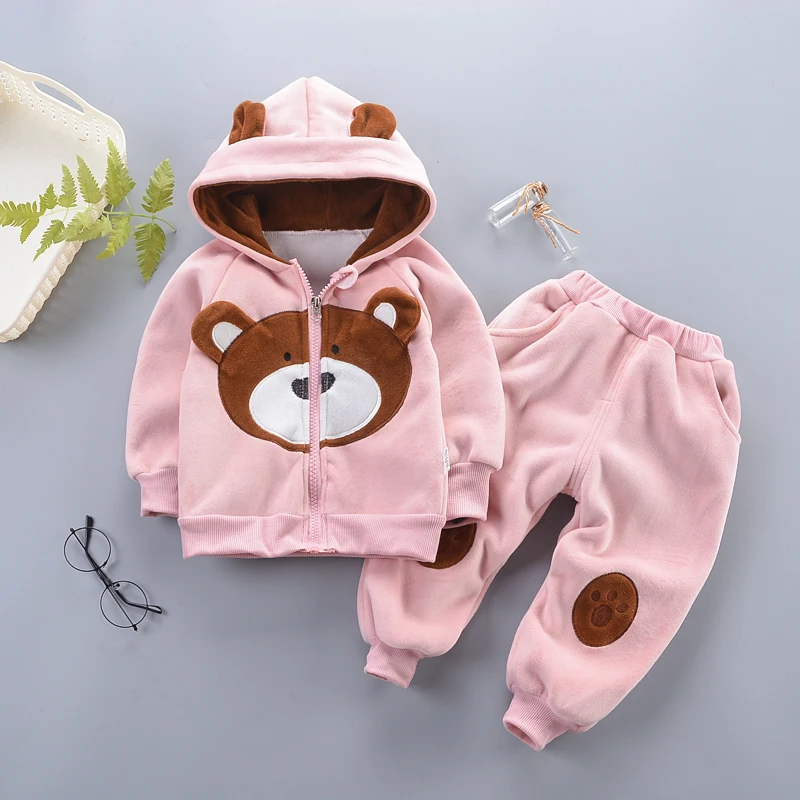Осенне-зимний комплект одежды для маленьких девочек, Повседневный хлопковый костюм для маленьких мальчиков детские плотные теплые толстовки+ штаны, 2 предмета, Одежда для младенцев