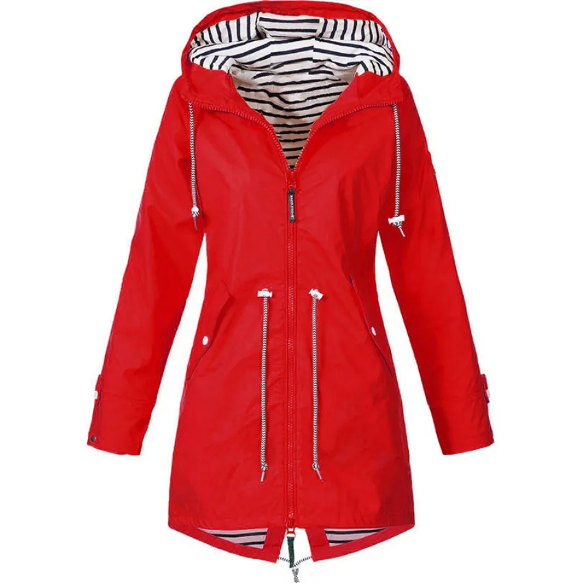 HGWXX7 Women Waterproof Raincoat Striped Lined Lightweight Plus Size Jacket Outdoor Adjustable Hooded Windbreaker Coat 
