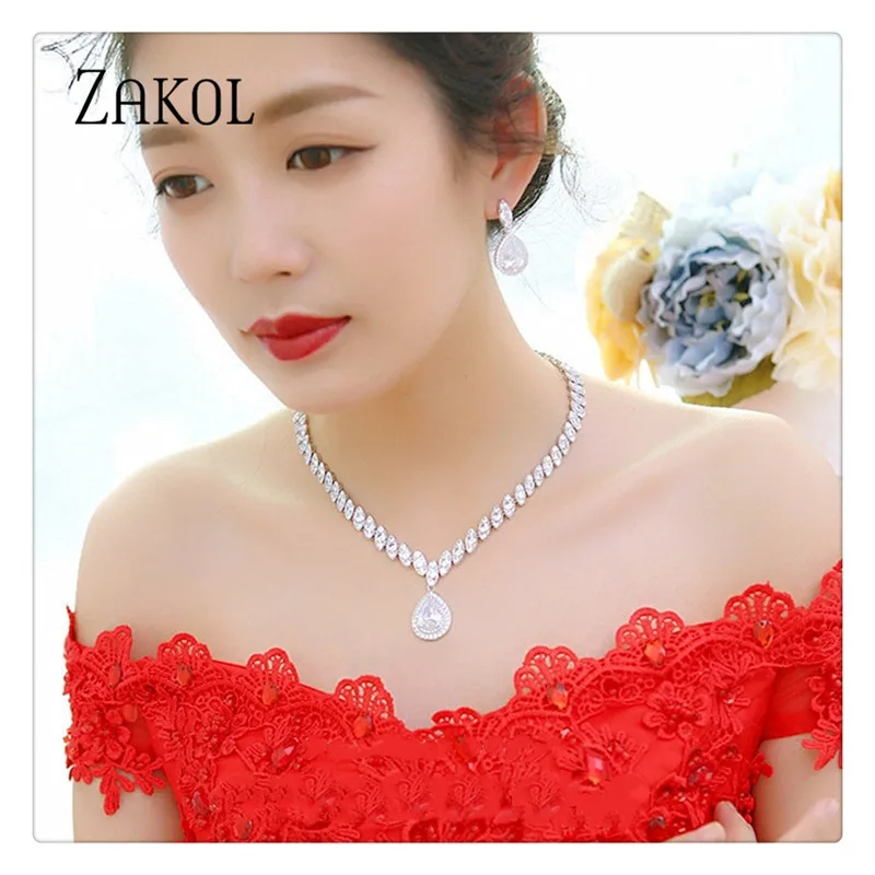 ZAKOL Brand Trendy Water Drop Cubic Zirconia Earrings Necklace Set for Women Luxury Crystal Bridal Wedding Jewelry Sets FSSP057 | Украшения