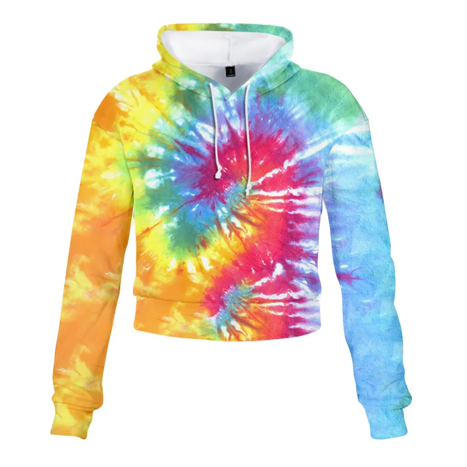 

3D Tie Dye Women Sweatshirts Cropped Hoodies Colorful Psychedelic Printed Loose Short Hoodie Female Harajuku Streetwear Hooded